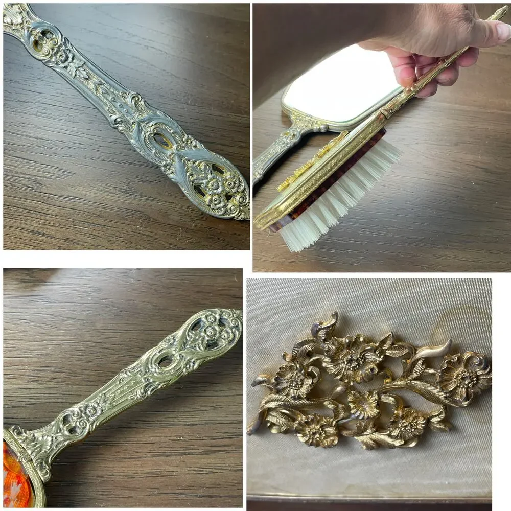 Vintage Matson? Vanity Hair Brush Hand Mirror Hollywood Regency Floral FLAWED